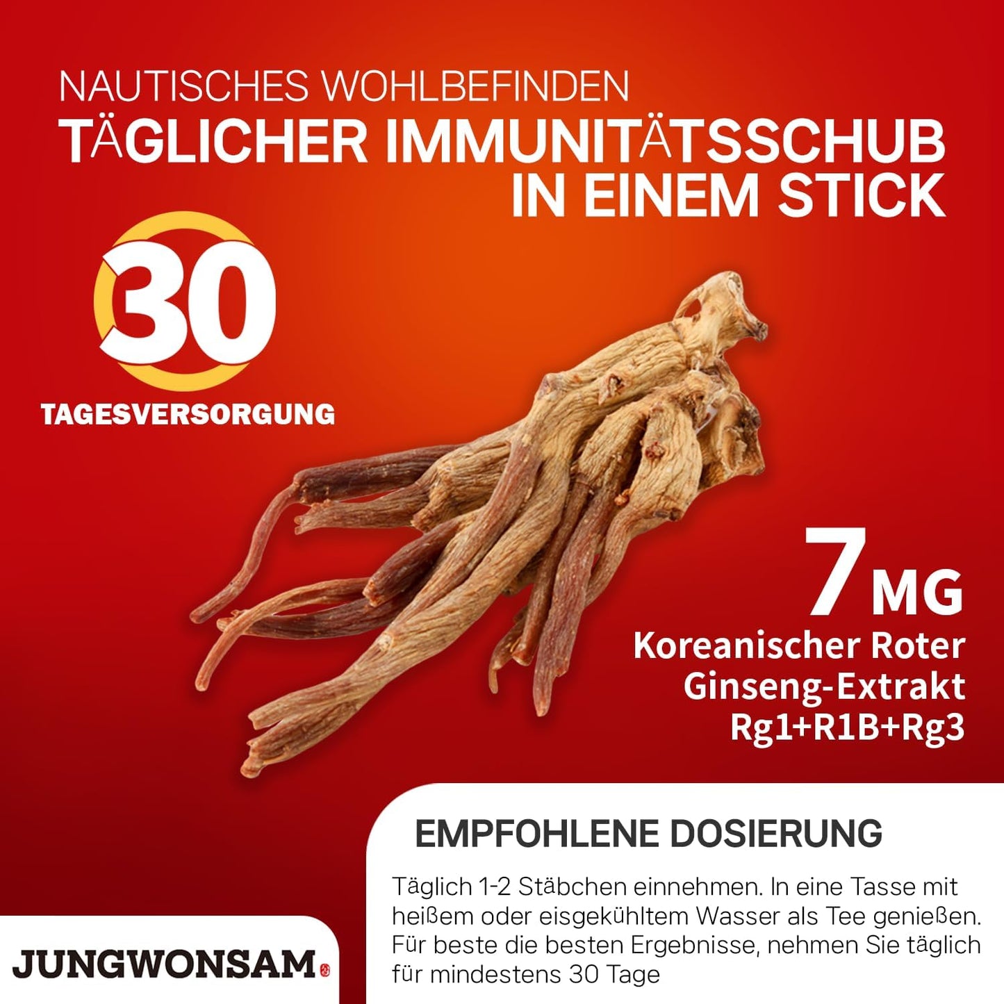 Jungwonsam 6-Year Korean Red Ginseng Extract 365 | 30 Sticks | Vegan | 7mg Ginsenosides per Stick | Energy, Focus, Fatigue, Immune Support | Supplement for Men & Women