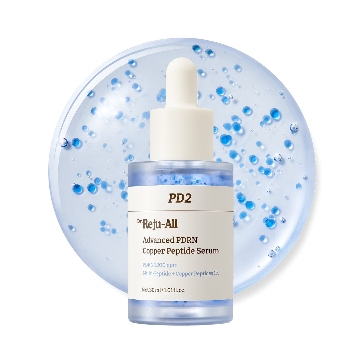 Dr.Reju-All Advanced PDRN Copper Peptide Serum 30ml bottle with blue serum texture on white