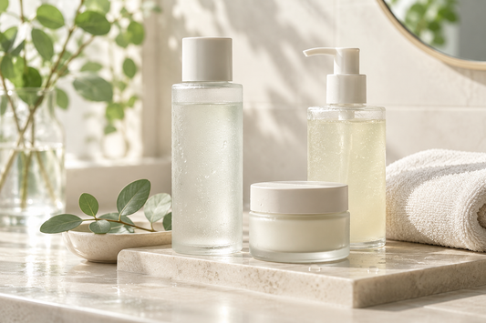 Illustrative unbranded skincare bottles, moisturizer and cotton towel on a bathroom shelf
