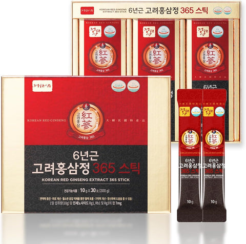 Jungwonsam 6-Year Korean Red Ginseng Extract 365 | 30 Sticks | Vegan | 7mg Ginsenosides per Stick | Energy, Focus, Fatigue, Immune Support | Supplement for Men & Women