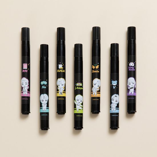 [Monami] TinyTAN Permanent Marker & Postcard Collection Set – 7 Markers + 7 Character Postcards | Made in Korea