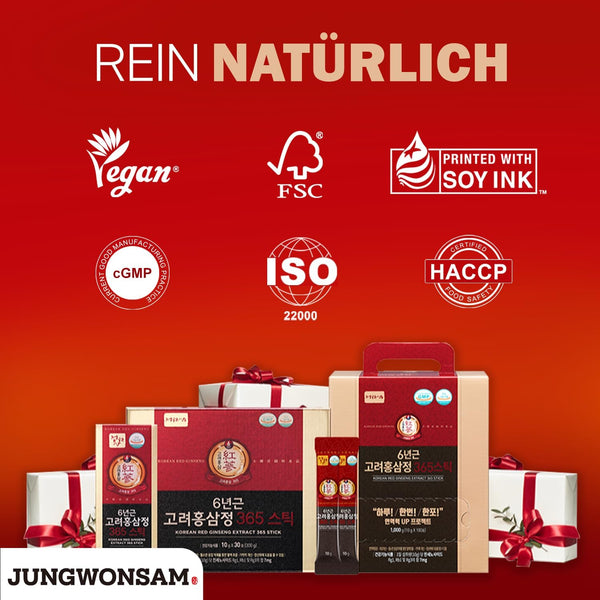 Jungwonsam 6-Year Korean Red Ginseng Extract 365 | 30 Sticks | Vegan | 7mg Ginsenosides per Stick | Energy, Focus, Fatigue, Immune Support | Supplement for Men & Women
