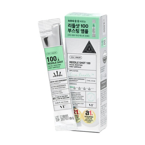 VT Reedle Shot 100 Facial Boosting First Ampoule, 2ml x 6 Capsules, Cica Skin Booster, Brightening & Anti-Wrinkle Care