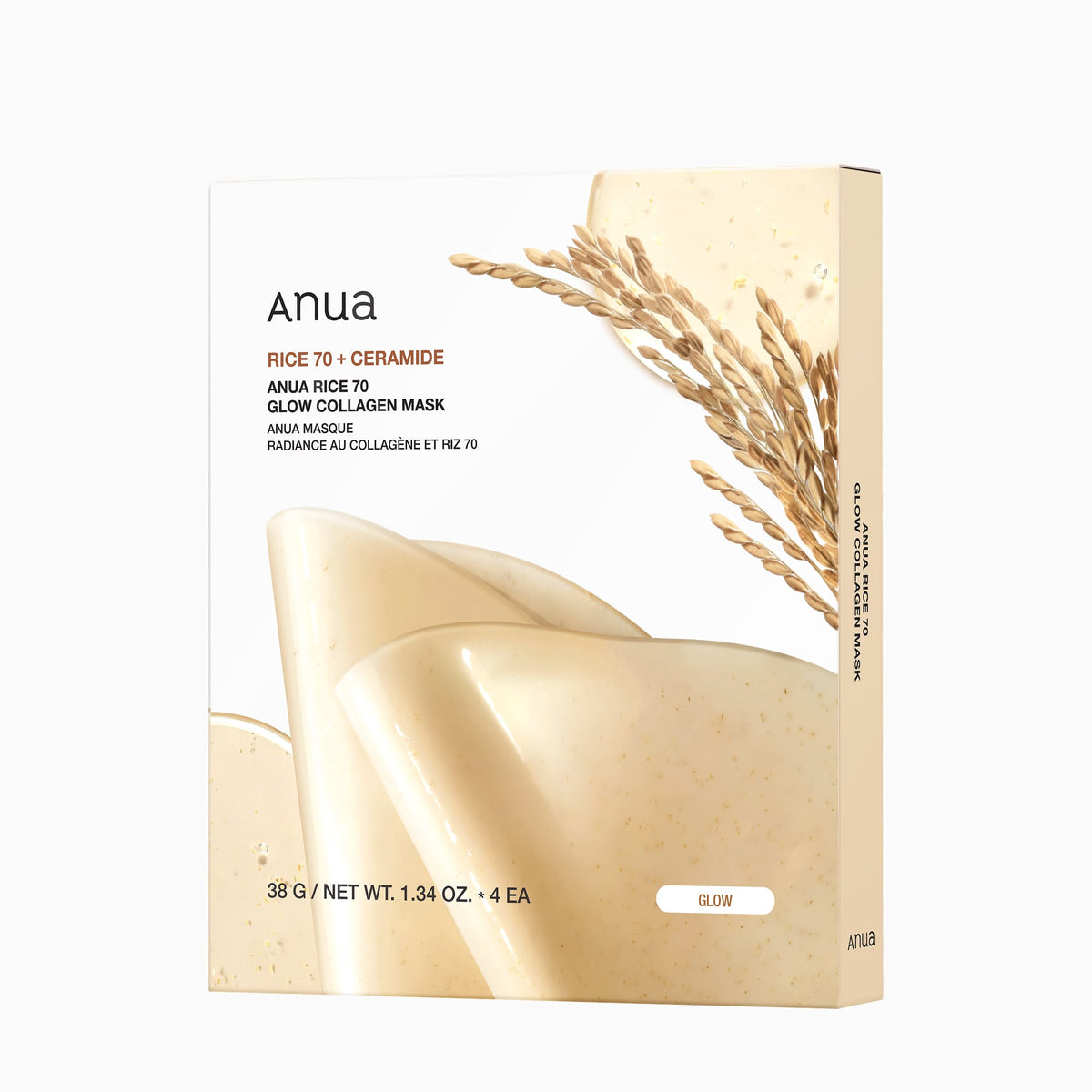 ANUA Rice 70 Glow Collagen Mask box with four 38g hydrogel masks