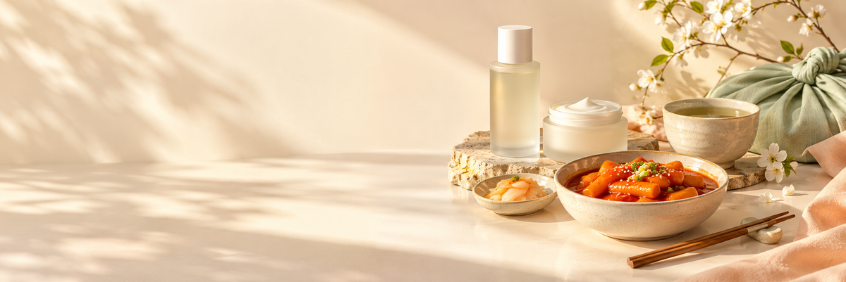 Korean skincare, tea and tteokbokki in warm morning light